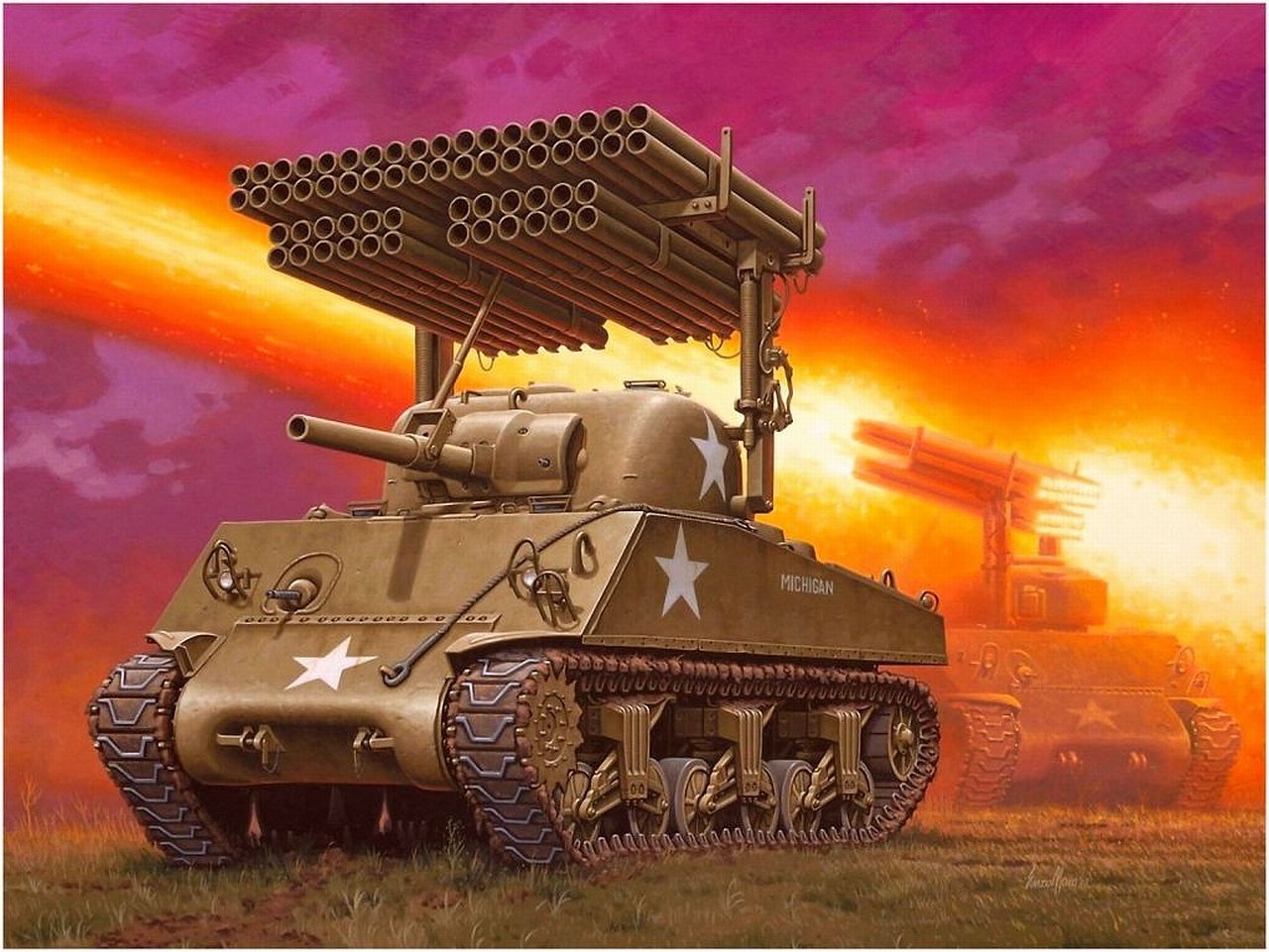 Military tanks equipped with rocket launchers fire into a vibrant, fiery sky, showcasing powerful armored combat vehicles in action.