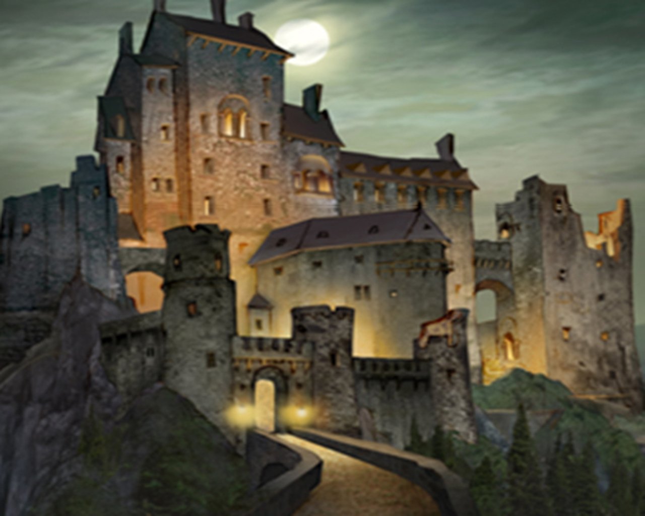 A spooky castle illuminated by a full moon, reminiscent of the enchanting setting in the movie Hotel Transylvania, surrounded by rocky terrain and dense trees.