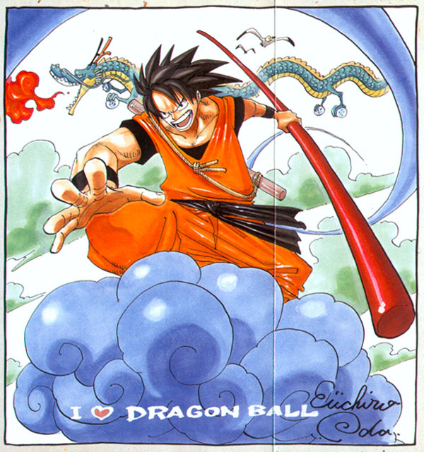 Anime-style art of One Piece's Monkey D. Luffy in orange, grinning on a cloud with a red staff and a dragon circling overhead.