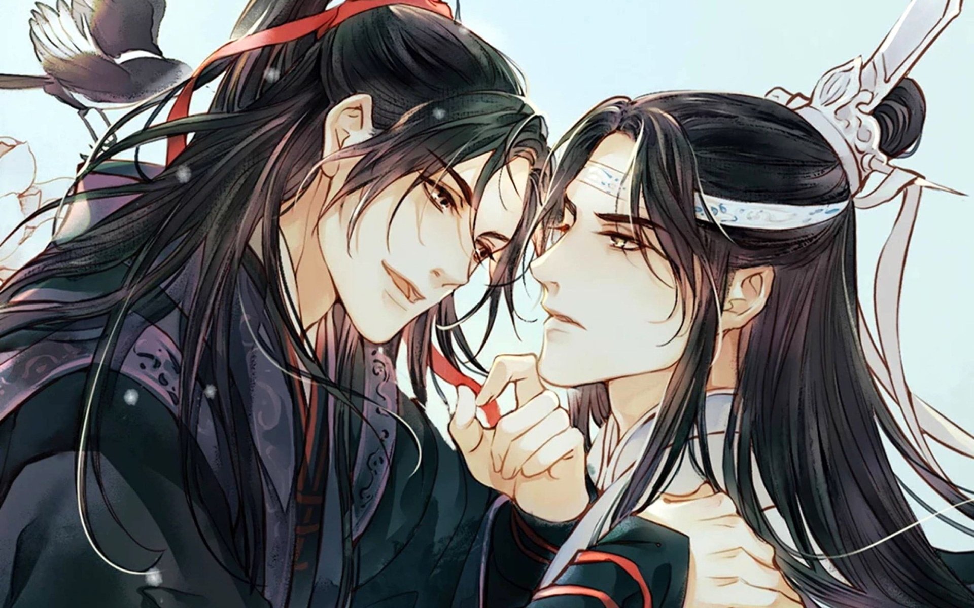 Anime-style illustration from Mo Dao Zu Shi featuring two long-haired characters in traditional attire sharing an intimate, tender moment.