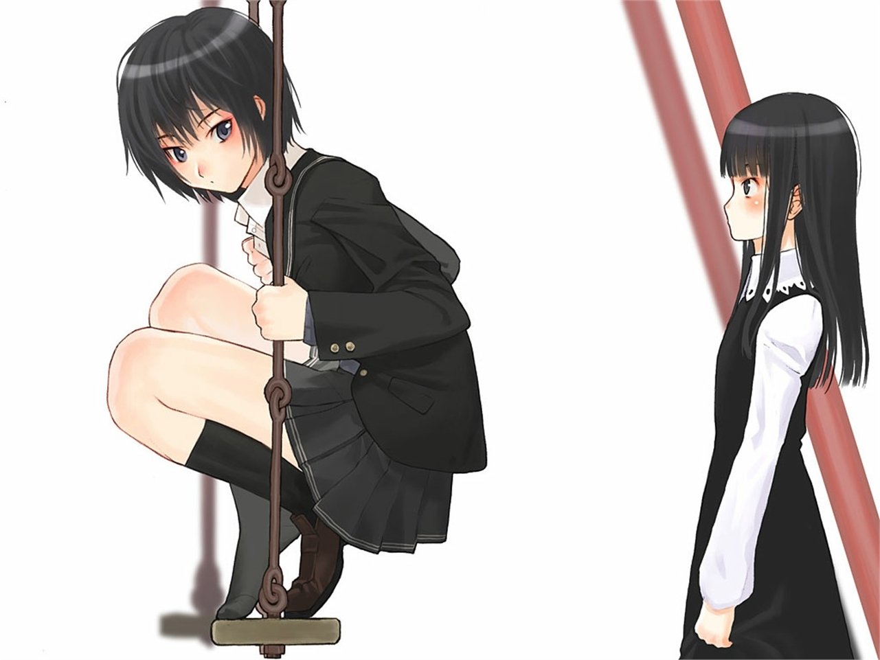 Amagami anime scene: two black-haired schoolgirls — one crouched on a swing, the other standing and watching, both in uniforms against a white background.