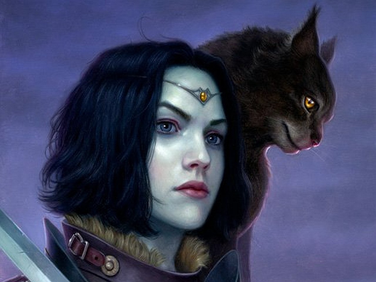 Fantasy artwork of a woman with dark hair and pale skin, wearing a jeweled headpiece, accompanied by a large, fierce-looking black cat against a moody purple background.