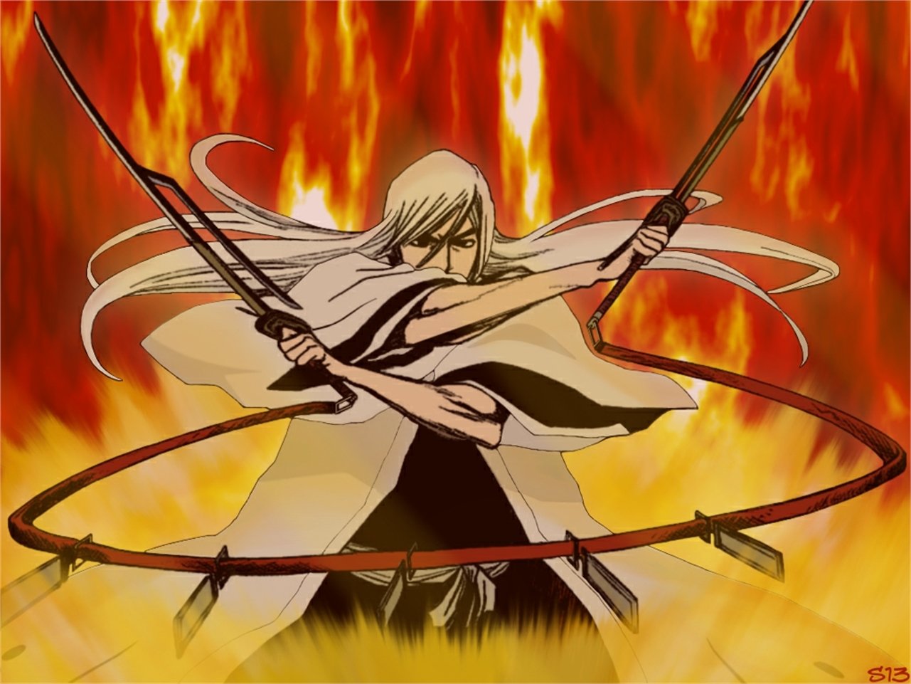 Jūshirō Ukitake (Bleach) in his white captain's haori, long white hair streaming, crossing twin swords as a ring of fire and roaring flames blaze behind him.