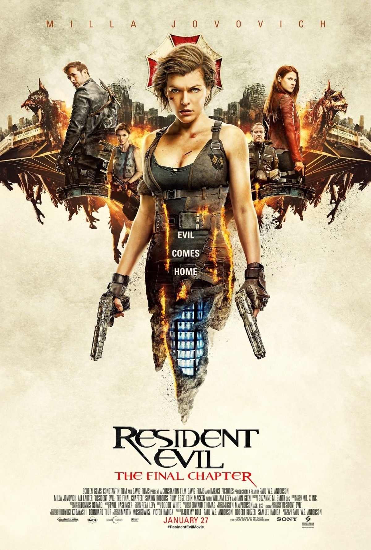 Poster for Resident Evil: The Final Chapter showing Alice in combat gear holding twin pistols, city ruins and the Umbrella Corporation logo looming behind her.