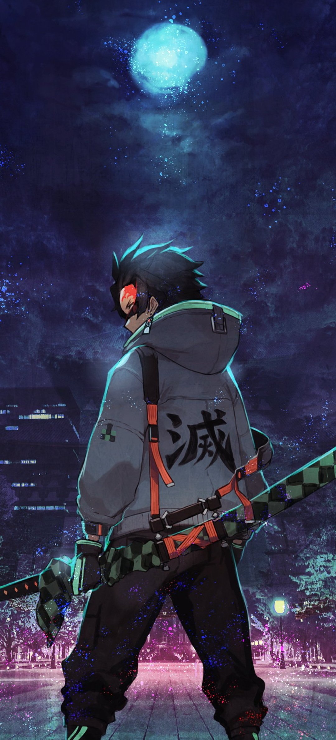 Anime, Demon Slayer: Kimetsu no Yaiba — lone swordsman in a hooded jacket marked with 滅, gripping a checkered katana beneath a glowing moon over a neon-lit city park.