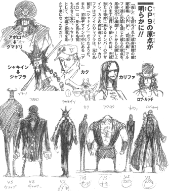 Black-and-white character sketches with Japanese text, featuring distinct figures from the anime One Piece, including Apollo, Shaki, Kaku, Kalifa, and Rob Lucci.