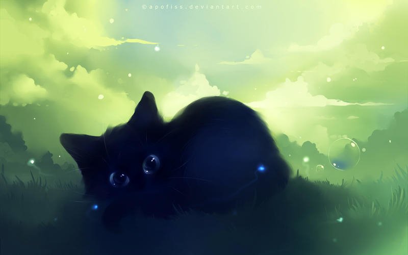 A small black cat, an animal, curled in tall grass beneath a glowing green sky, surrounded by soft, floating bioluminescent lights.