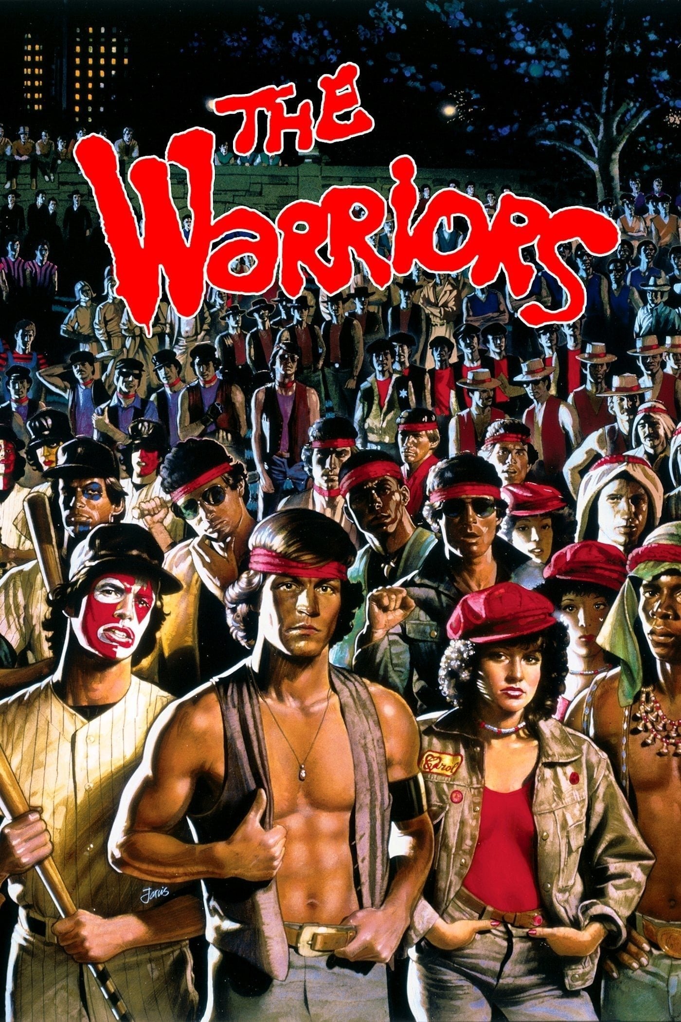 Poster of the movie The Warriors: a shirtless, bandana-clad leader and a large urban gang in colorful streetwear posed beneath the film’s bold red logo.
