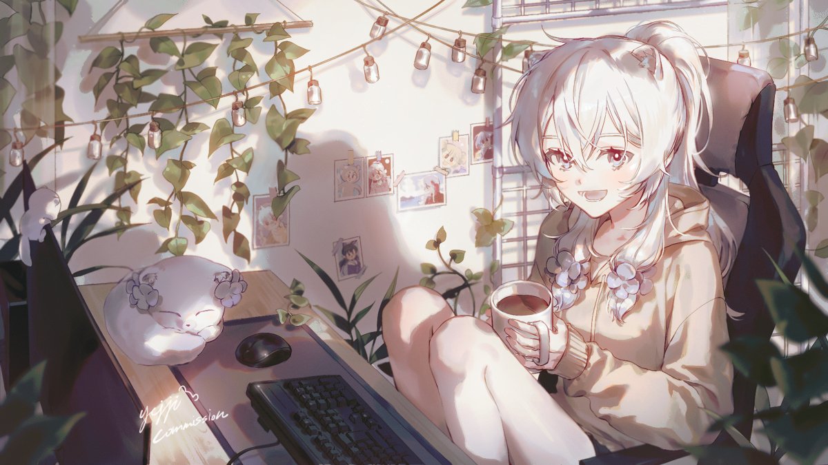 white hair coffee Anime girl anime girl Image