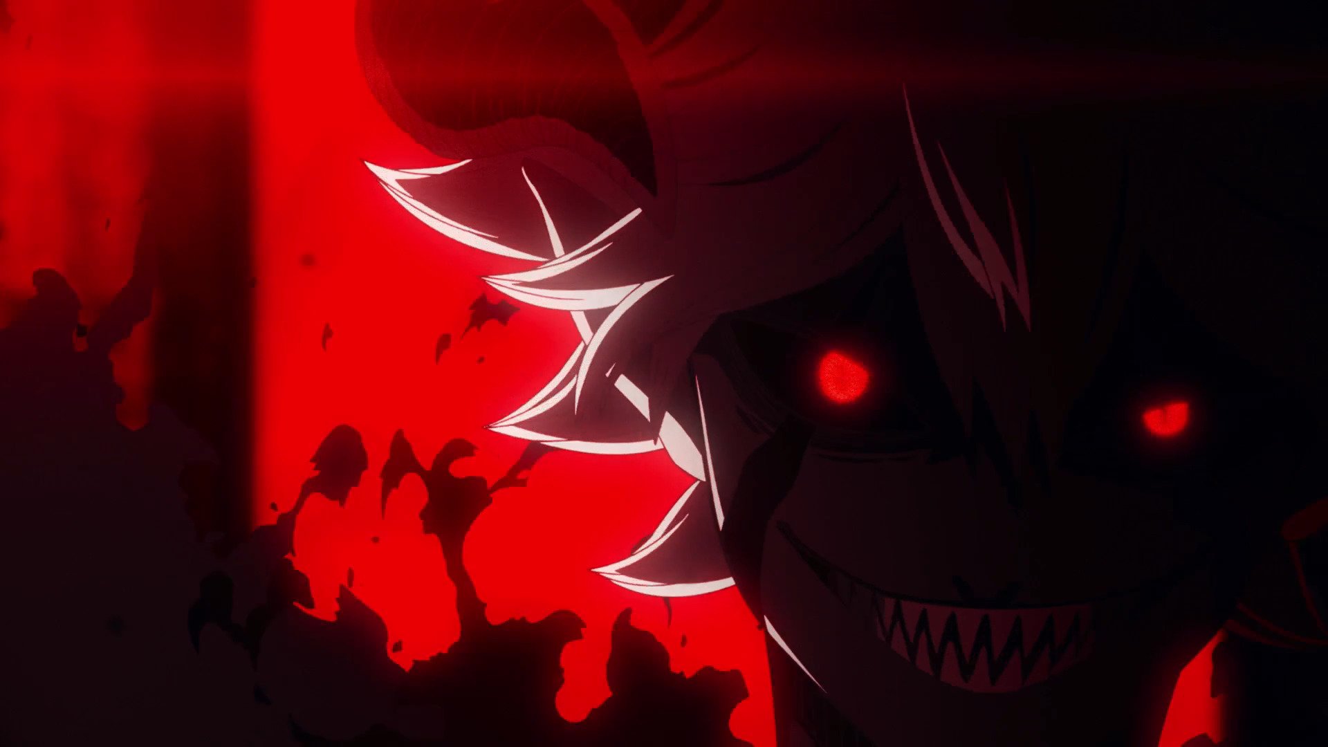 Red-lit close-up of a demon from Black Clover: glowing red eyes, jagged teeth, and a horned silhouette emerging from blood-red shadows.