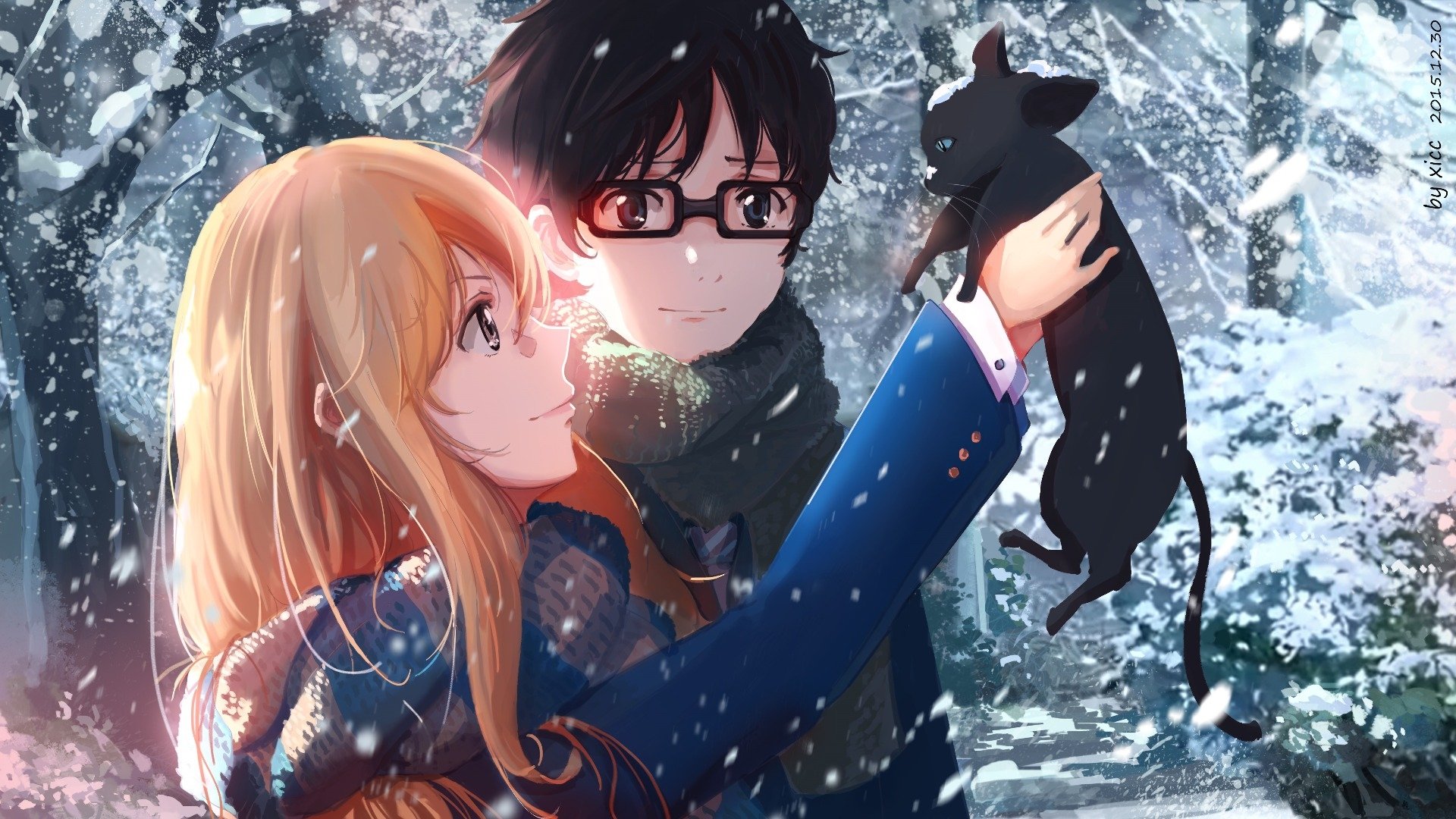 Download Long Hair Cat Black Hair Glasses Blonde Kaori Miyazono Kousei Arima Anime Your Lie In April Anime Cat Image