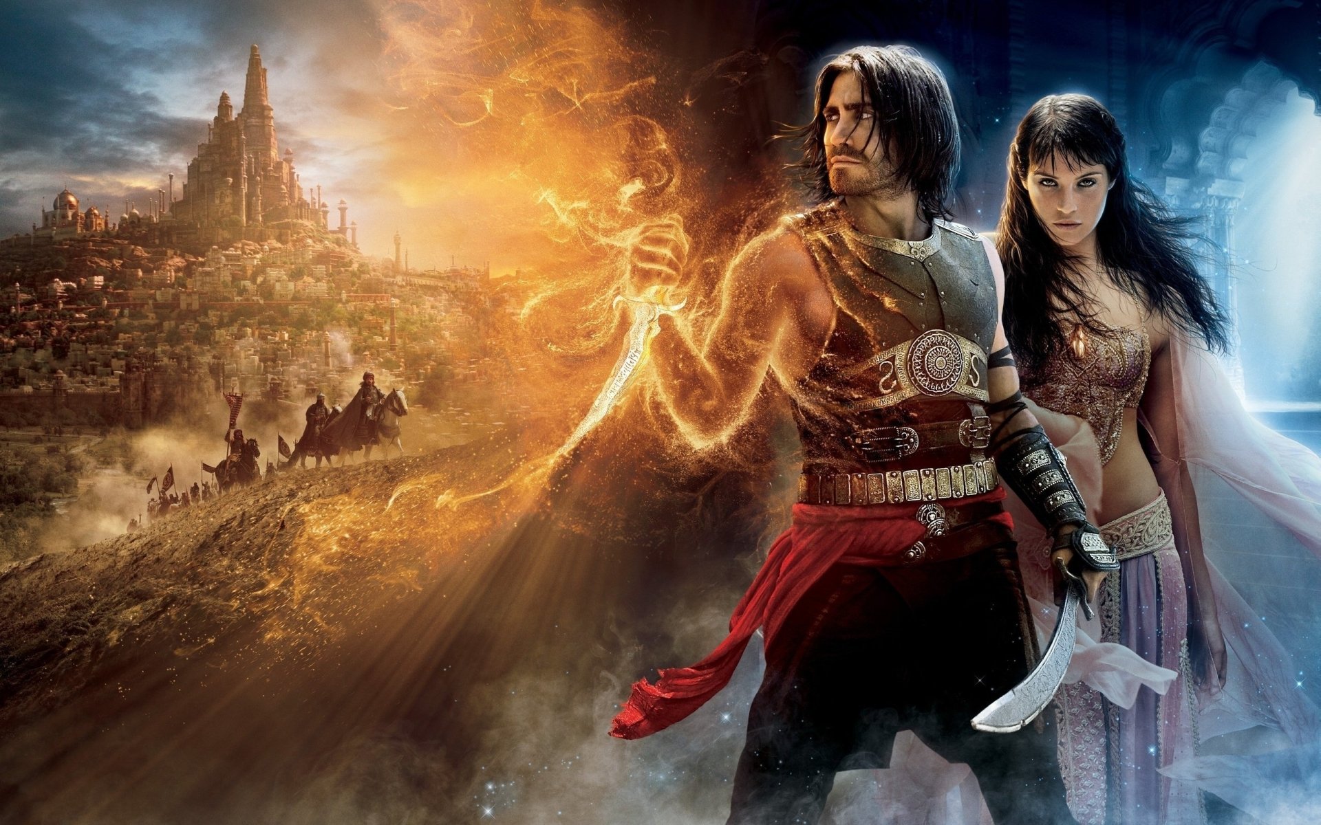 A dramatic scene from Prince of Persia: The Sands of Time, featuring Jake Gyllenhaal as the prince and Gemma Arterton as the princess, set against a mystical landscape.