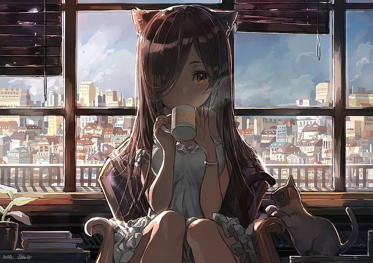 Download Animal Ears Long Hair Cat Drinking Anime Girl Anime Girl Anime Cat Image