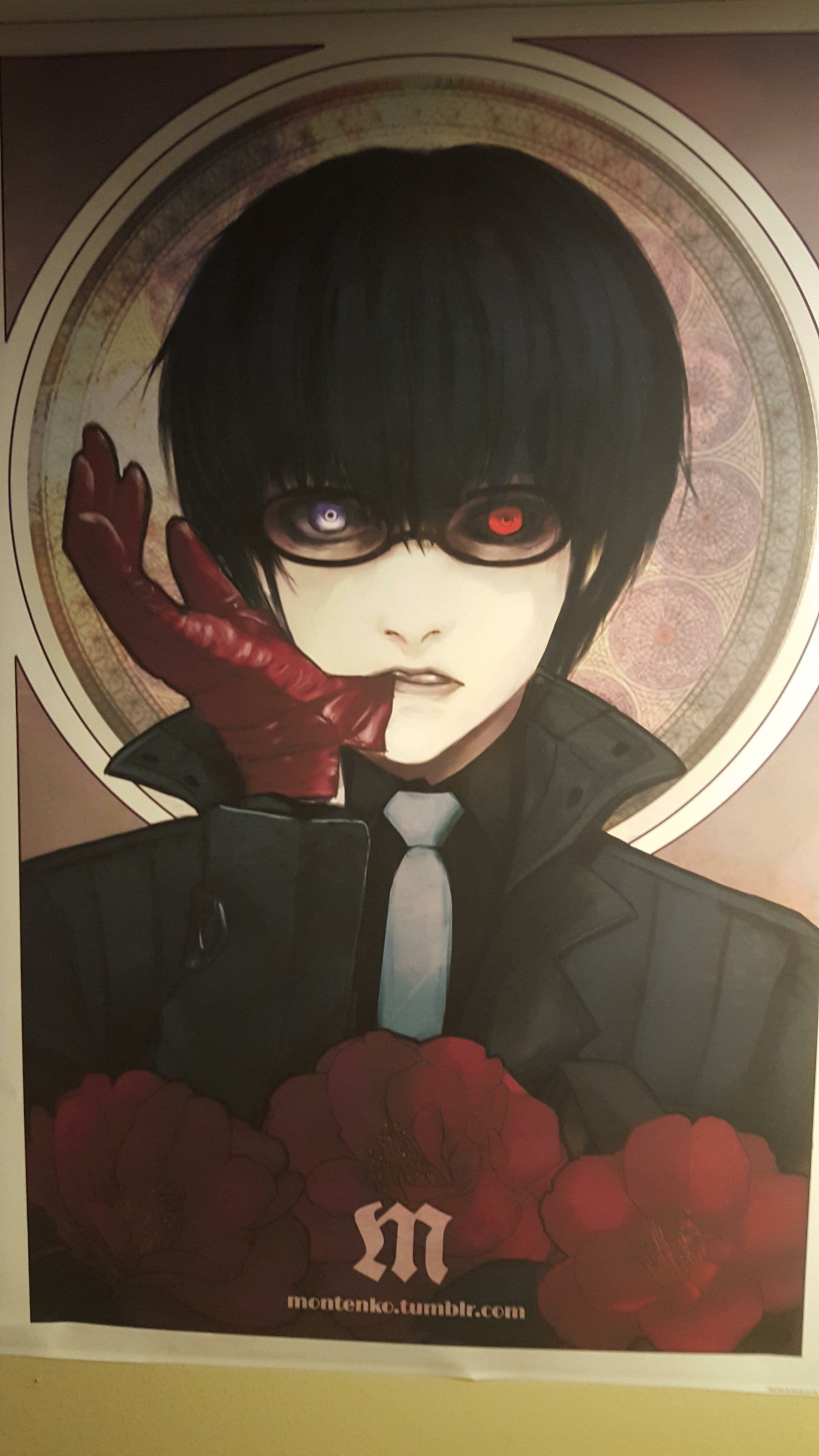 A striking anime illustration from Tokyo Ghoul featuring a character with dark hair, dual-colored eyes, and a red-gloved hand, set against a floral backdrop.