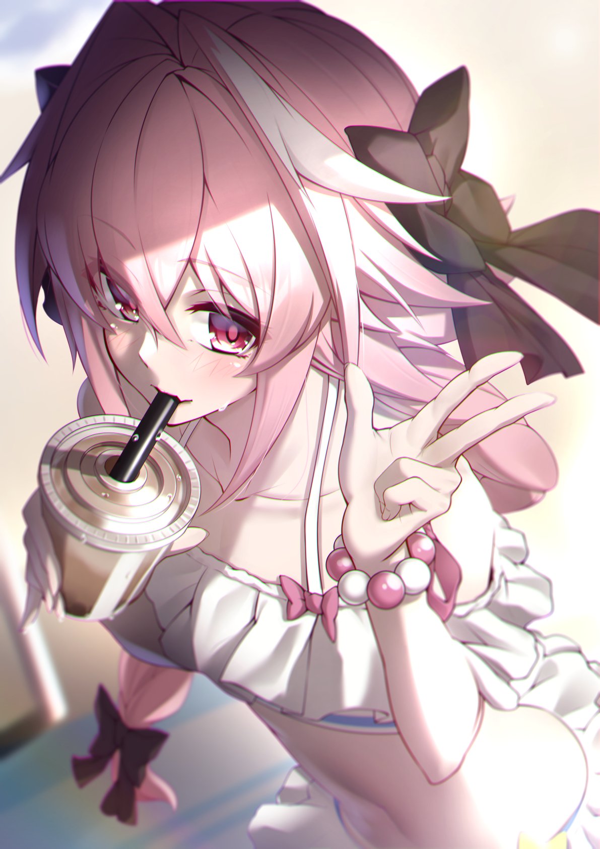 Astolfo doing the peace sign while drinking