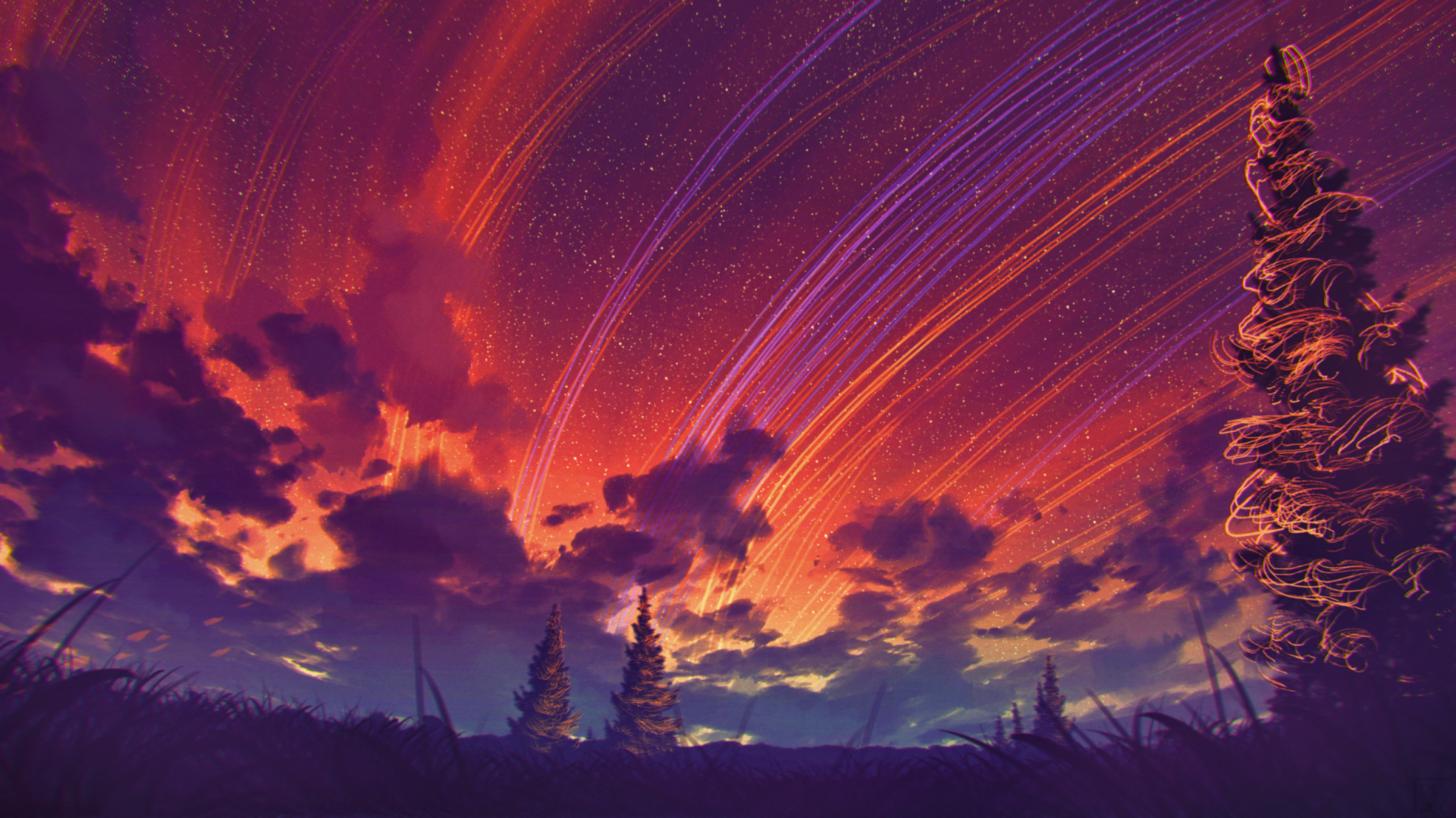 Anime-style sunset sky with vibrant streaks of light, glowing clouds, and silhouetted trees creating a dramatic and colorful evening scene.