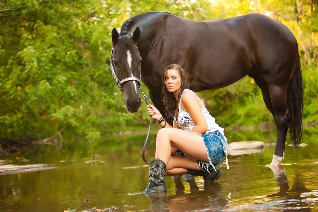 Cowgirl and Horse Wading in the Water Women Model Cowgirl Horse Image. 