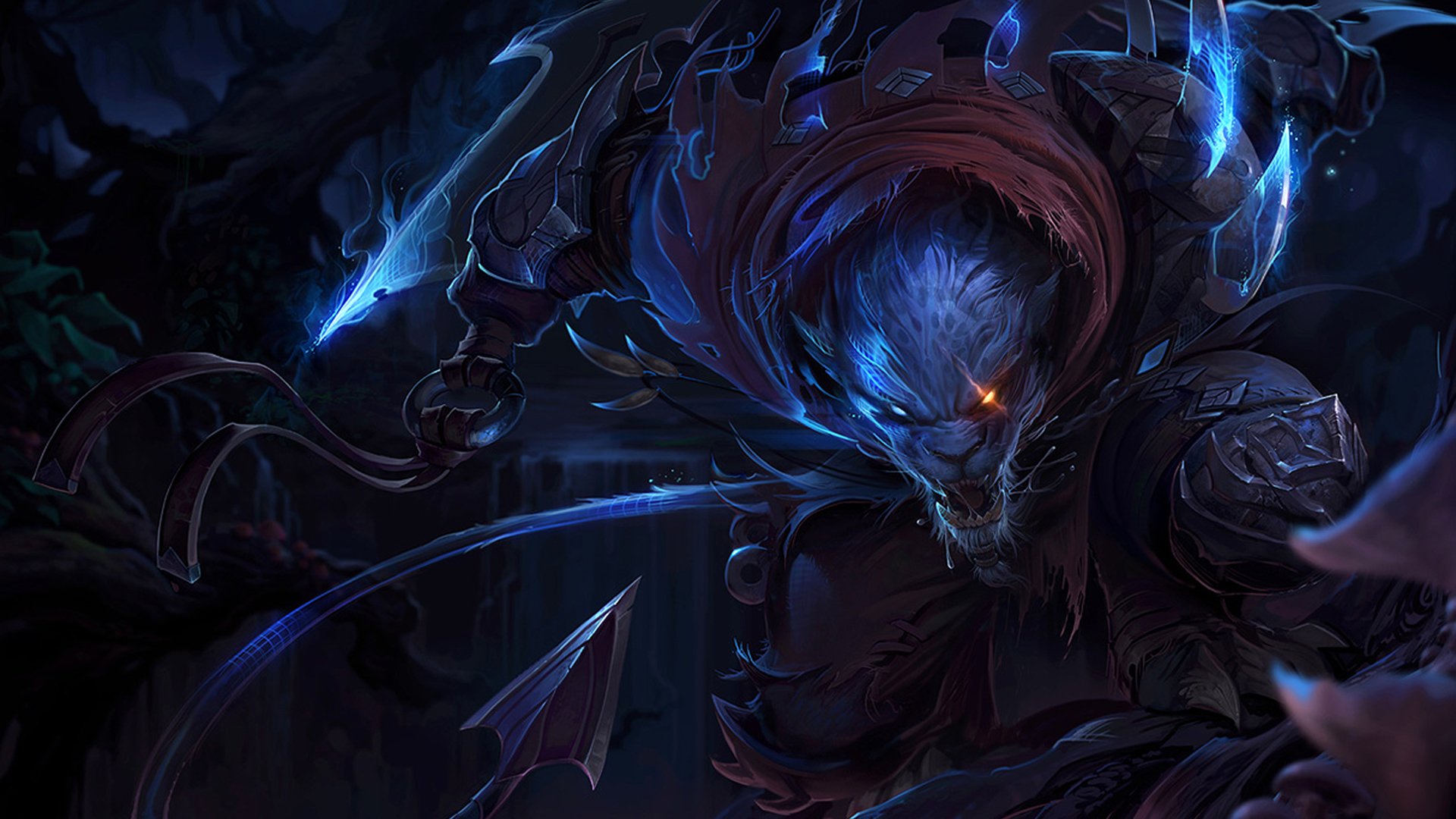 A fierce Rengar from League of Legends emerges from the shadows, showcasing his predatory prowess. His glowing eye and weapon hint at his fierce, stealthy gameplay in this popular video game.