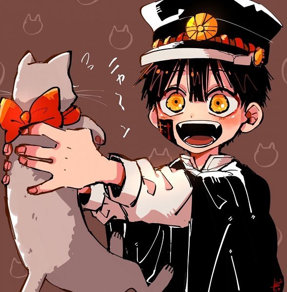 Anime image of Toilet-bound Hanako-kun: grinning boy in a black uniform and cap, wide golden eyes, eagerly holding a gray cat adorned with a large red bow.