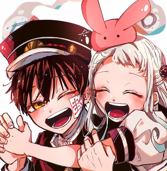 Cheerful anime shot of Hanako-kun and Nene from Toilet-bound Hanako-kun, laughing in a tight hug — Hanako in his black cap, Nene wearing a pink bunny hat.