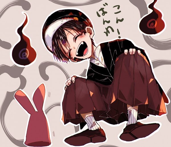 Anime Toilet-bound Hanako-kun crouching and laughing in his school uniform and headband, surrounded by swirling red-black will-o'-wisps and a small rabbit-shaped charm.