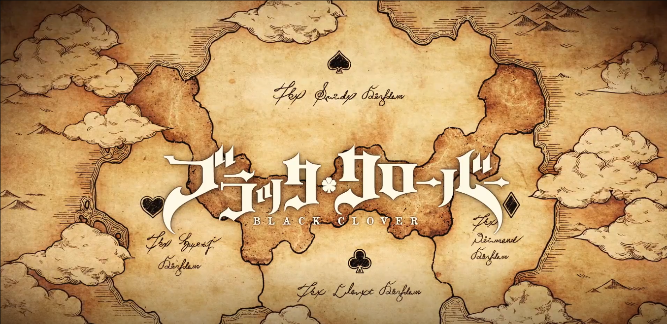 An antique-style map background with the Black Clover anime title in stylized Japanese and English lettering at the center.