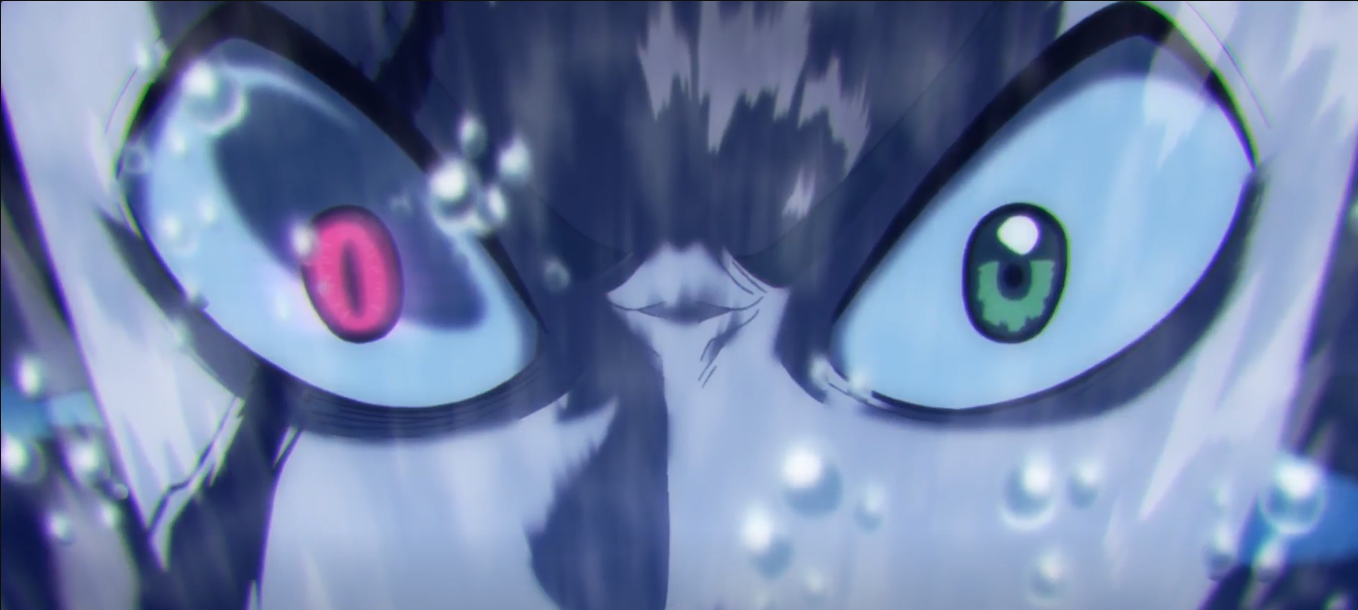 Close-up of a character's intense eyes with mismatched colors, captured in a dramatic moment from the anime Black Clover.