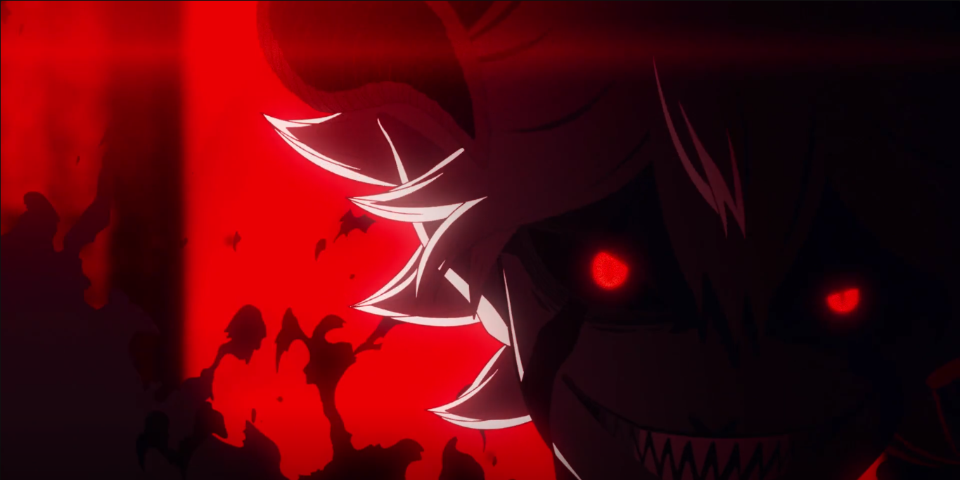 Dark, intense close-up of an anime character from Black Clover with glowing red eyes and a menacing grin set against a blood-red background.
