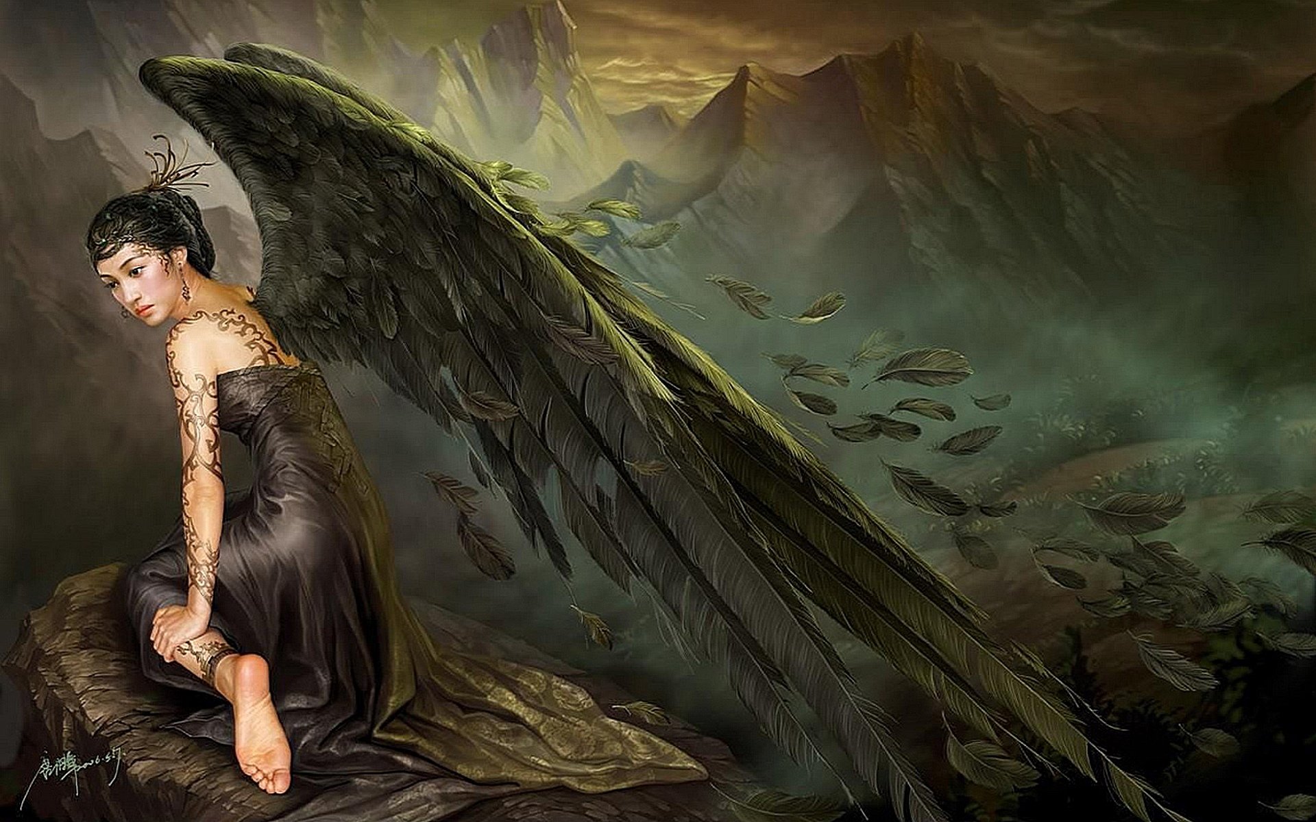 A fantasy angel with dark wings sits contemplatively on a rocky ledge overlooking a misty, mountainous landscape under a moody sky.
