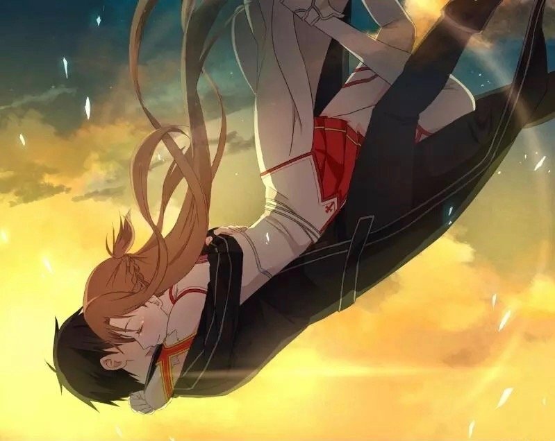 Kirito and Asuna Yuuki from Sword Art Online are depicted in a dramatic scene, embracing as they soar through a vibrant sunset backdrop, showcasing their deep bond in the anime.
