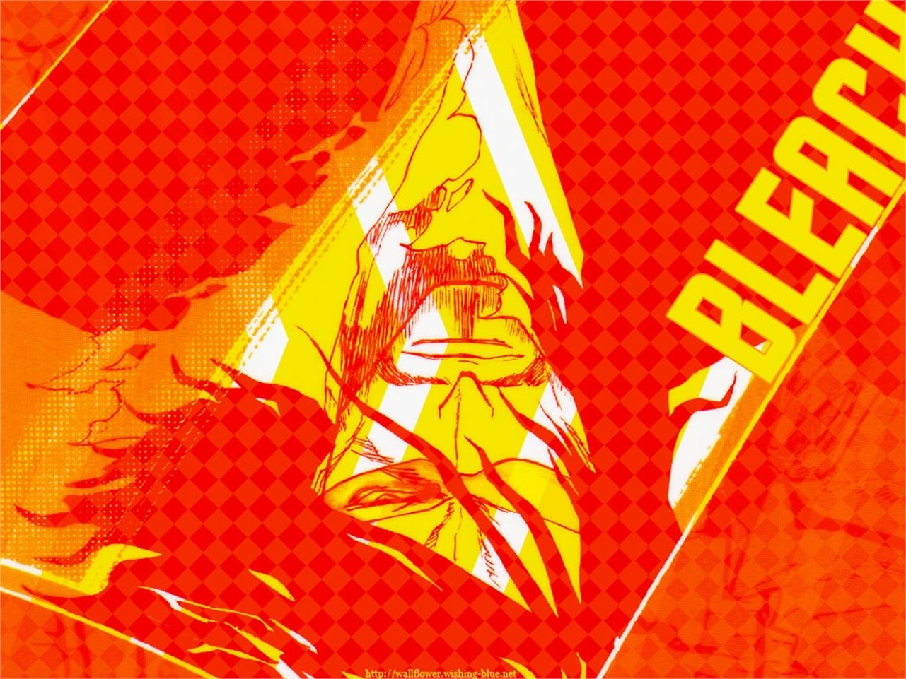 High-contrast red-orange anime poster of Zangetsu from Bleach, a close-up of his fierce face with bold brushstrokes and an oversized blade cutting diagonally across the frame.