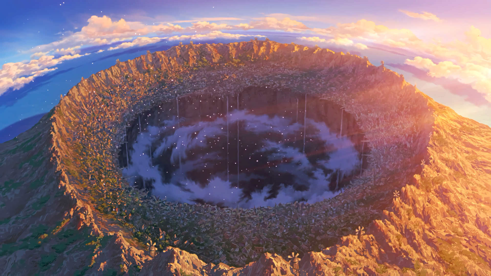 Dawn over an enormous circular abyss: an anime landscape in the style of Made in Abyss, a ring city on the crater rim with mist and faint lights descending into the depths.