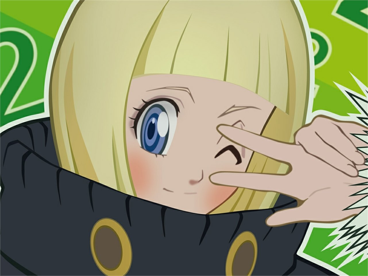 Ririn (Bleach) anime close-up: blonde bob, one blue eye open, winking and flashing a V-sign, bundled in a high-collared black coat against a bright green background.