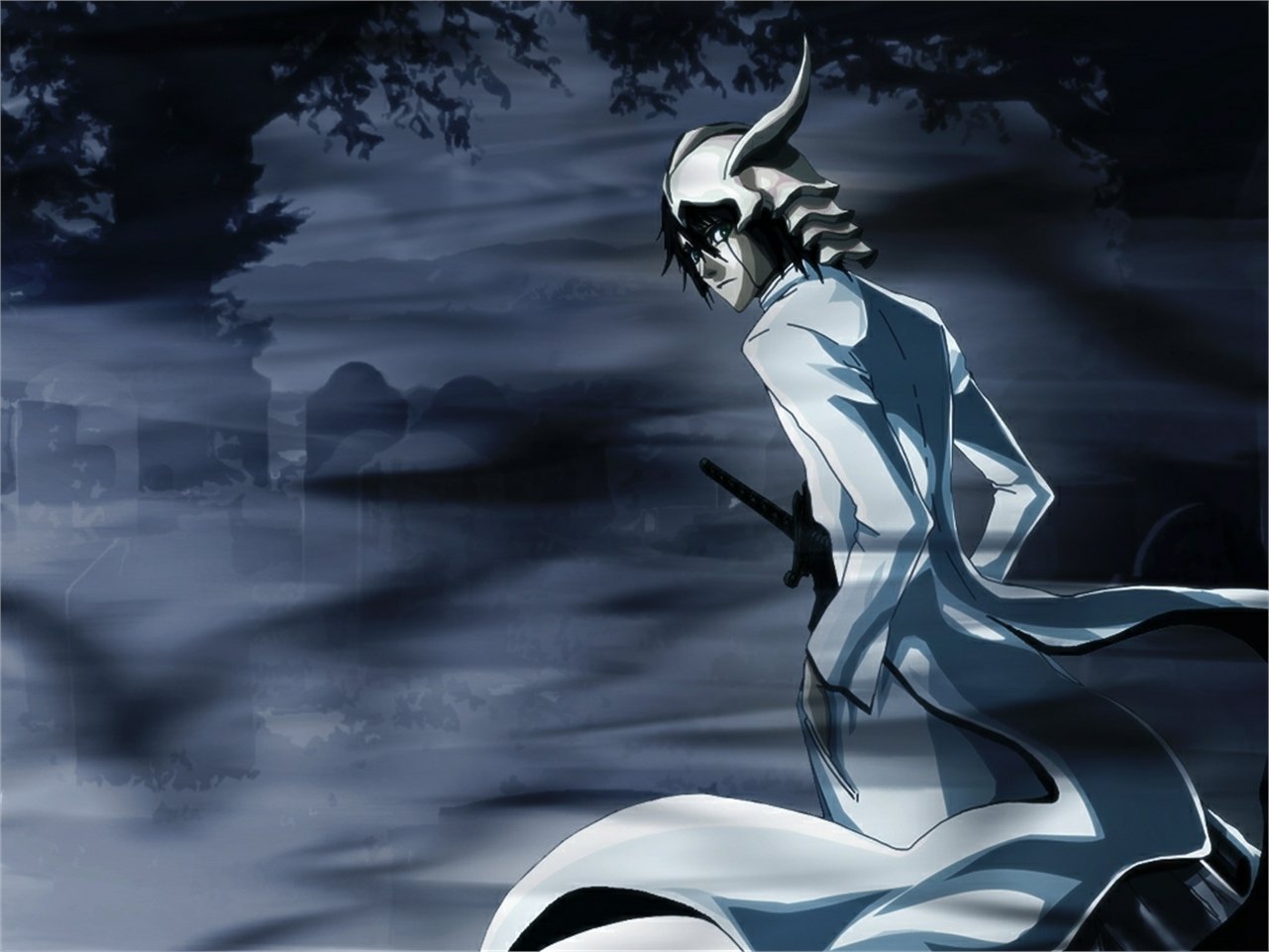 Ulquiorra Cifer from the anime Bleach stands in a dark, misty landscape, wearing his distinctive white outfit and hollow mask fragment.
