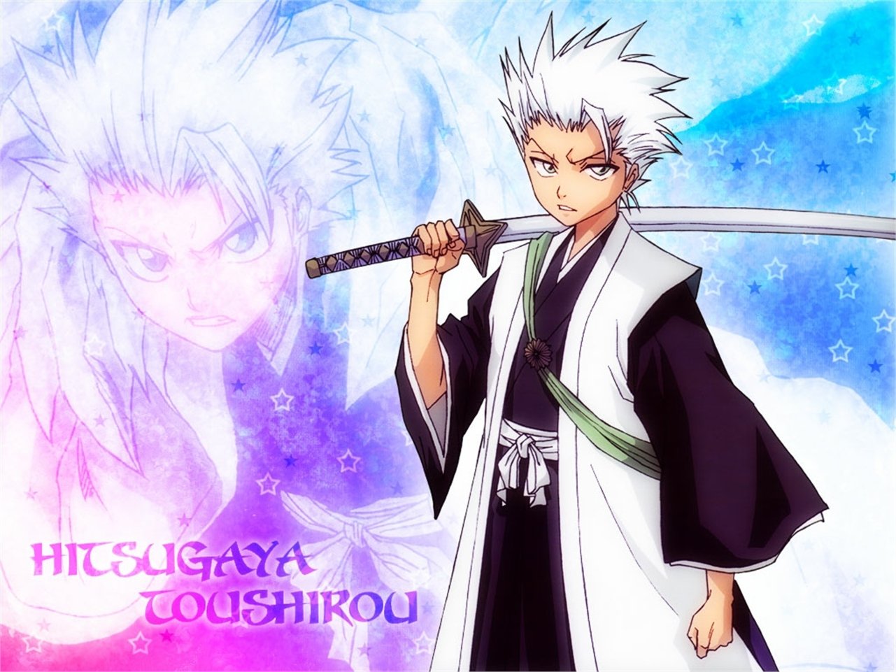 Tōshirō Hitsugaya stands confidently with a sword, depicted in vibrant colors and an anime style, from the series Bleach, showcasing his icy demeanor and determined expression.