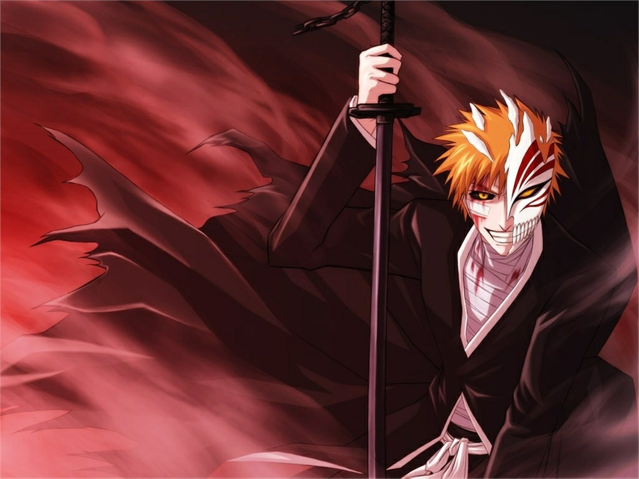 Hollow Ichigo (Ichigo Kurosaki) from the anime Bleach, half-Hollow mask and orange hair, clad in a black kimono, gripping his sword as red smoke swirls behind him.