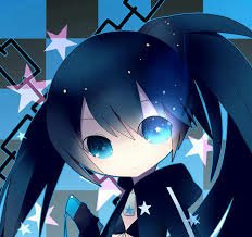 Anime-style illustration of Black Rock Shooter with glowing blue eyes, twin tails, and a star-themed background.