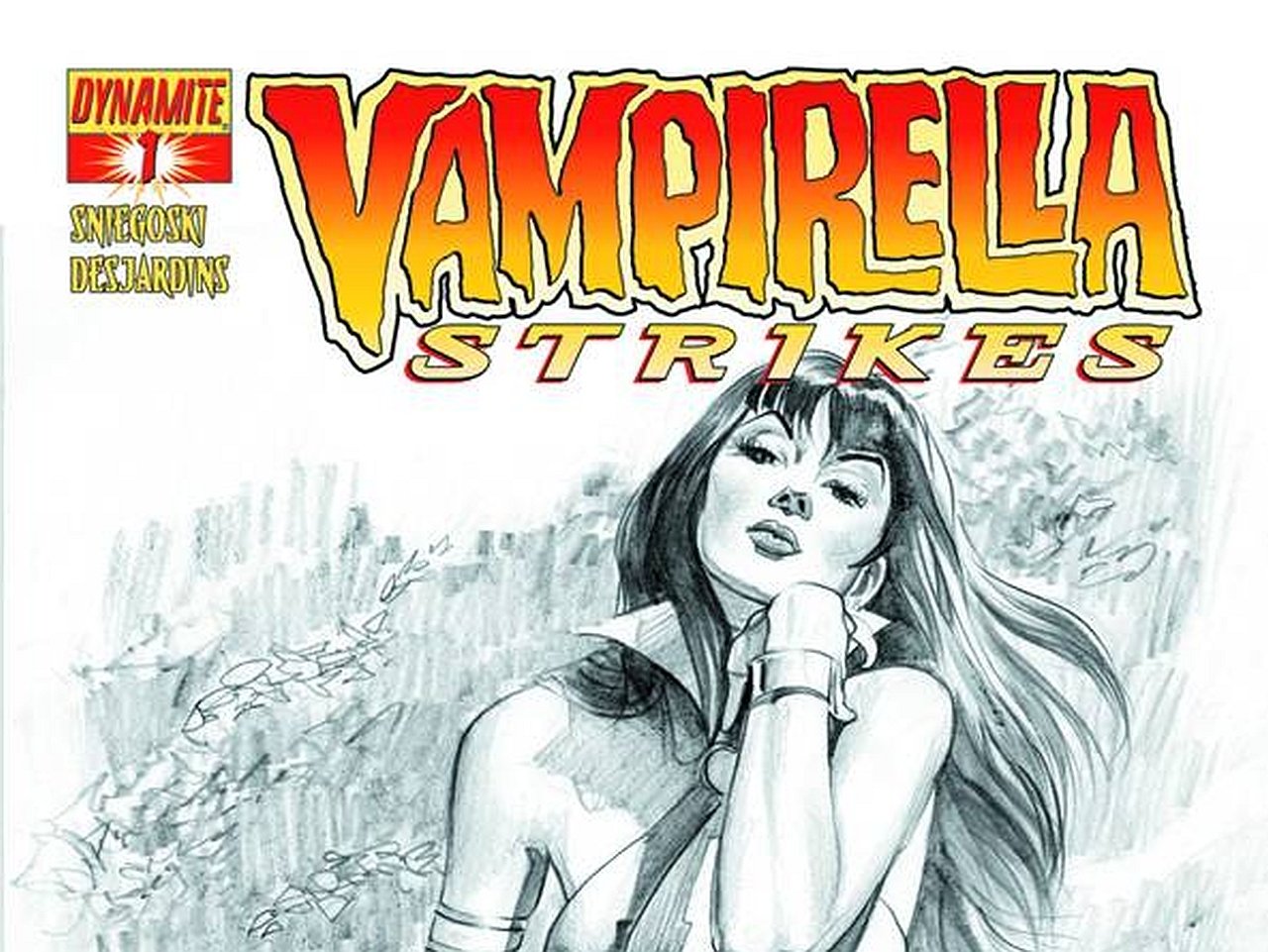Comic cover Vampirella Strikes — pencil-sketched Vampirella gazes forward, hand to chin beneath the bold red-yellow title.