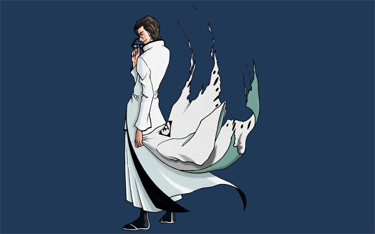 A dynamic portrayal of Sōsuke Aizen from the anime Bleach, showcasing his iconic white cloak and confident stance against a dark blue background.