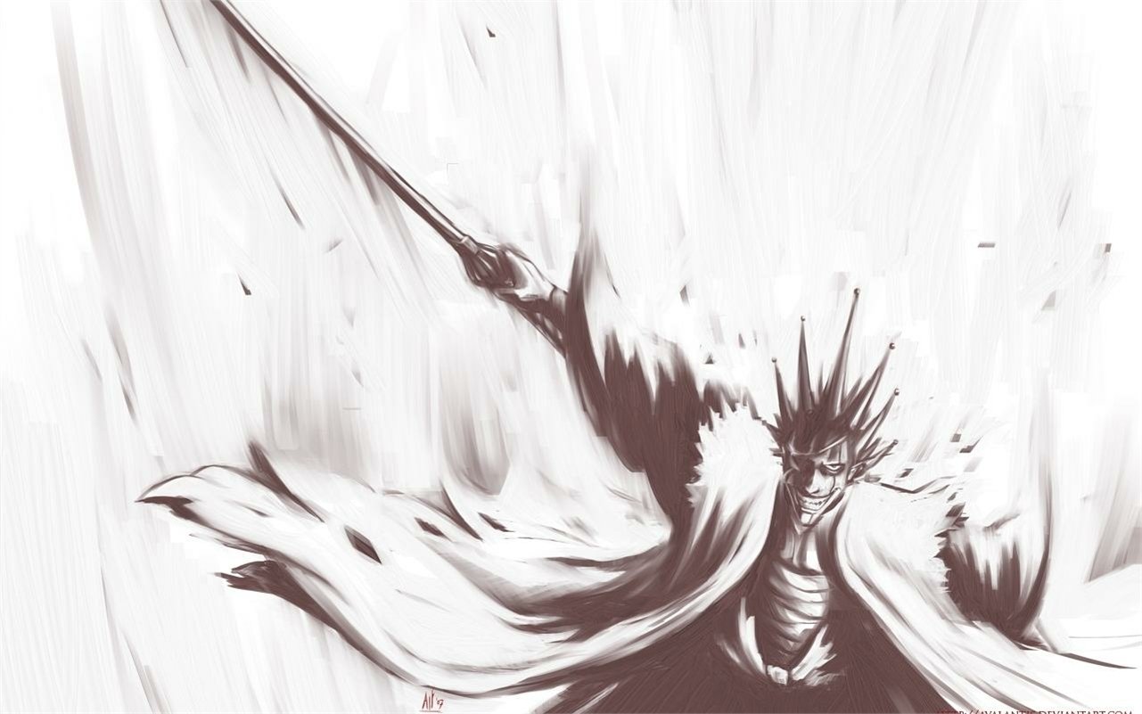 Dynamic black-and-white illustration of Kenpachi Zaraki from the anime Bleach, showcasing his fierce expression and wielding a sword mid-action.