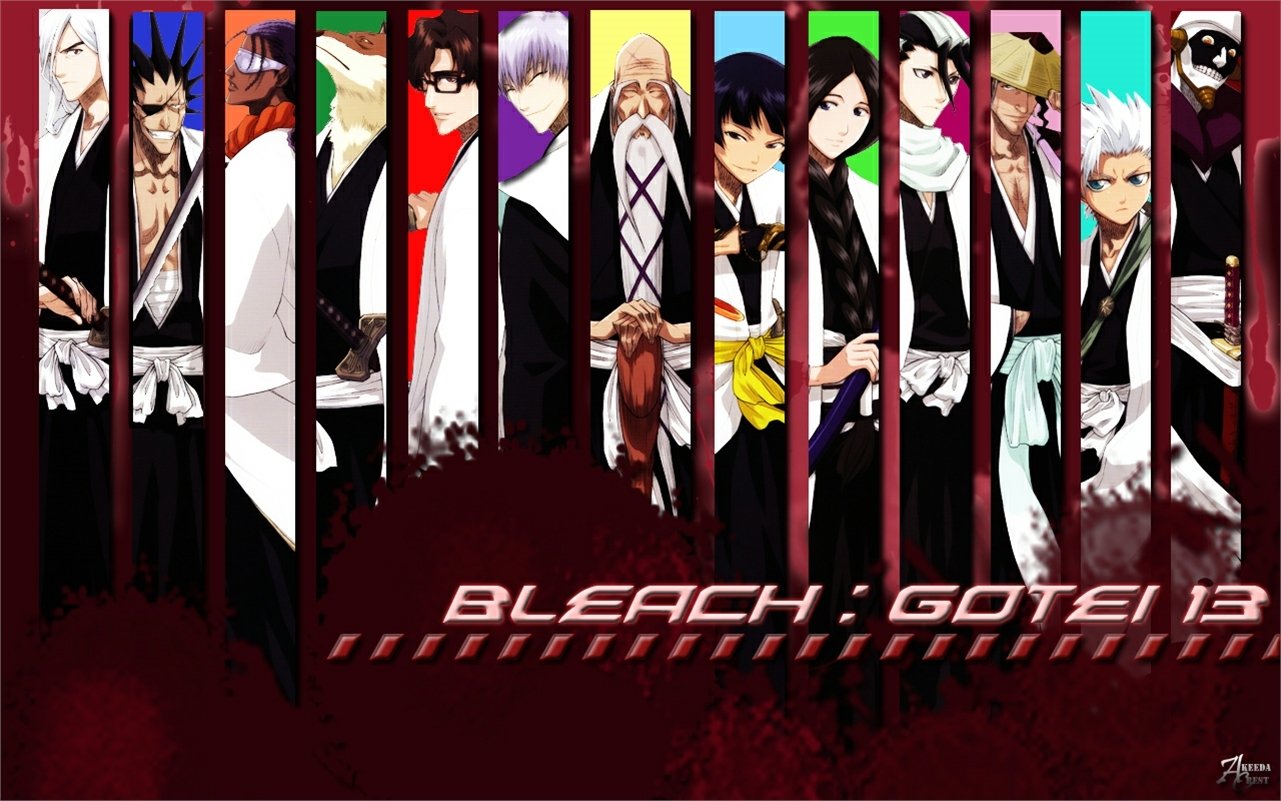 Mayuri Kurotsuchi Tōshirō Hitsugaya Shunsui Kyōraku Byakuya Kuchiki Unohana Retsu Soifon (Bleach) Genryūsai Shigekuni Yamamoto Gin Ichimaru Sōsuke Aizen Sajin Komamura Kaname Tosen Kenpachi Zaraki Jūshirō Ukitake Anime Bleach Image