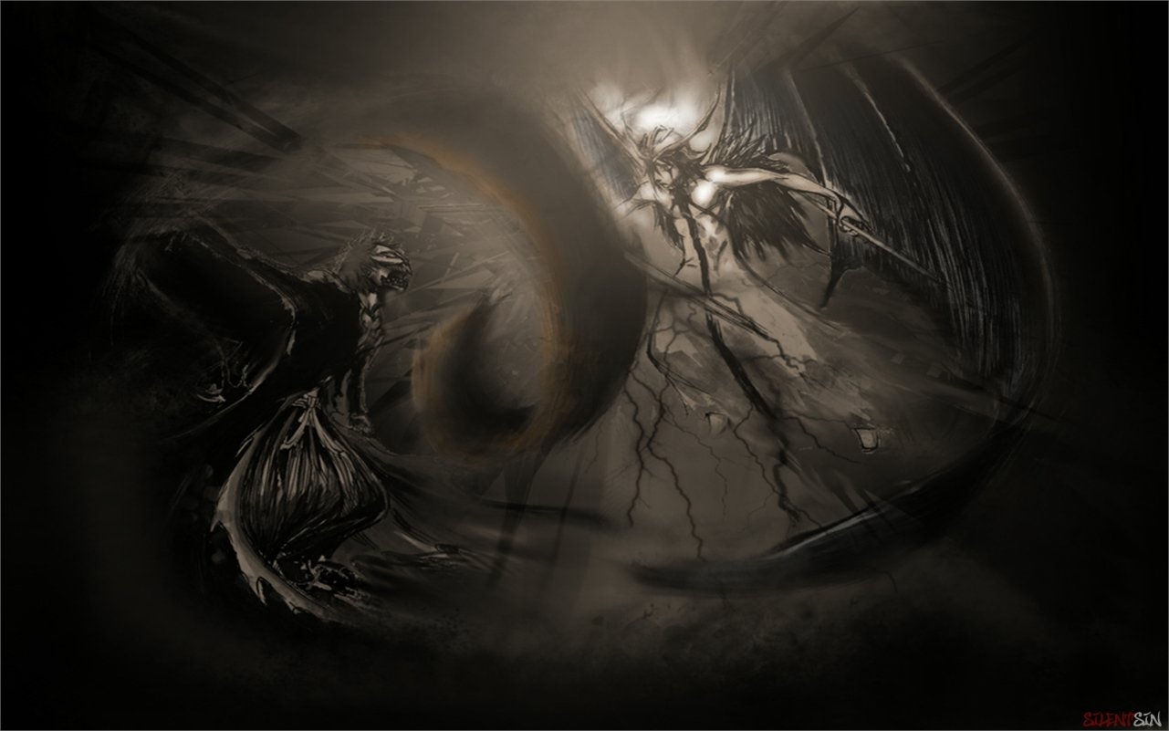 A dramatic scene depicting Hollow Ichigo and Ulquiorra Cifer from the anime Bleach, showcasing their intense confrontation with dynamic lighting and dark, swirling backgrounds.