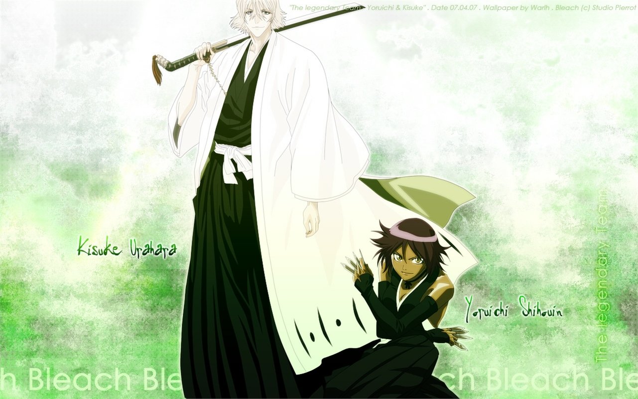 Kisuke Urahara and Yoruichi Shihôin from the anime Bleach are depicted in a vibrant scene, showcasing their distinctive outfits and dynamic personalities against a green background.