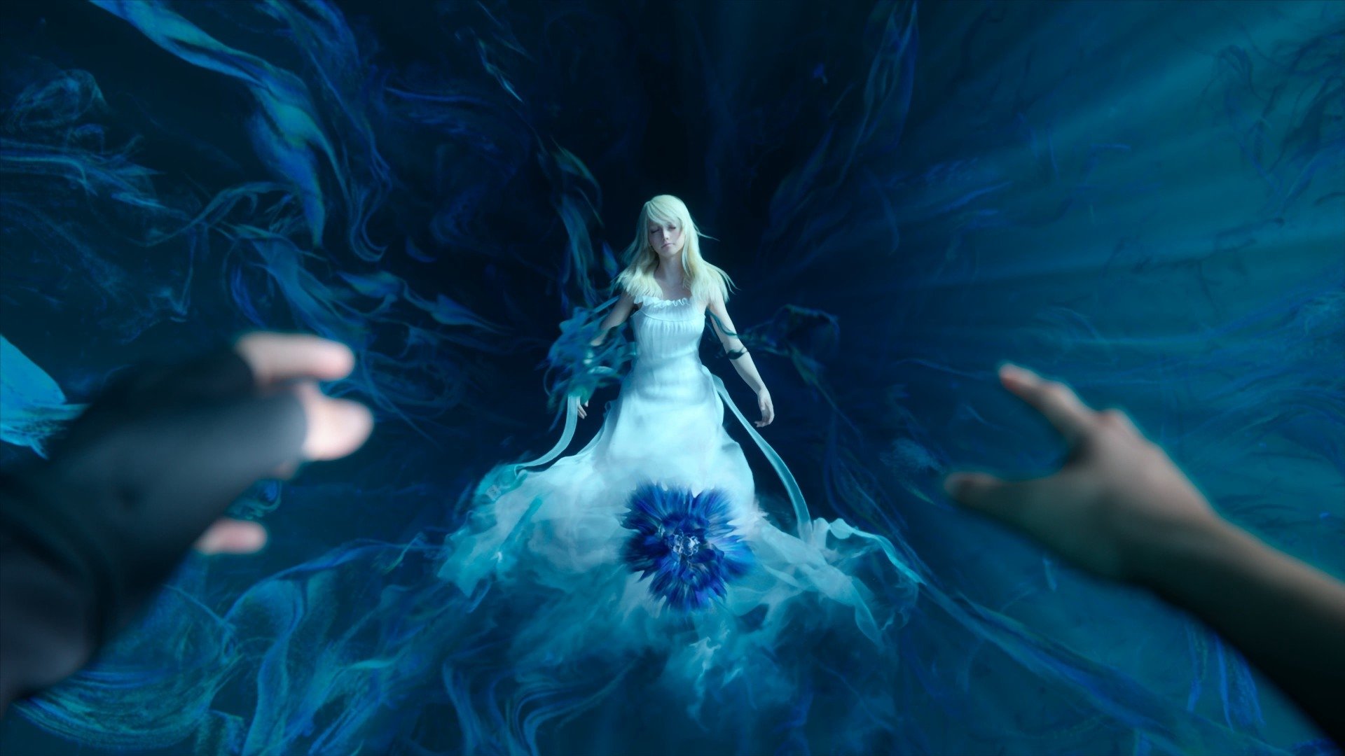 Final Fantasy XV scene: first-person hands reach toward a luminous woman in a flowing white dress standing amid swirling blue and teal energy.