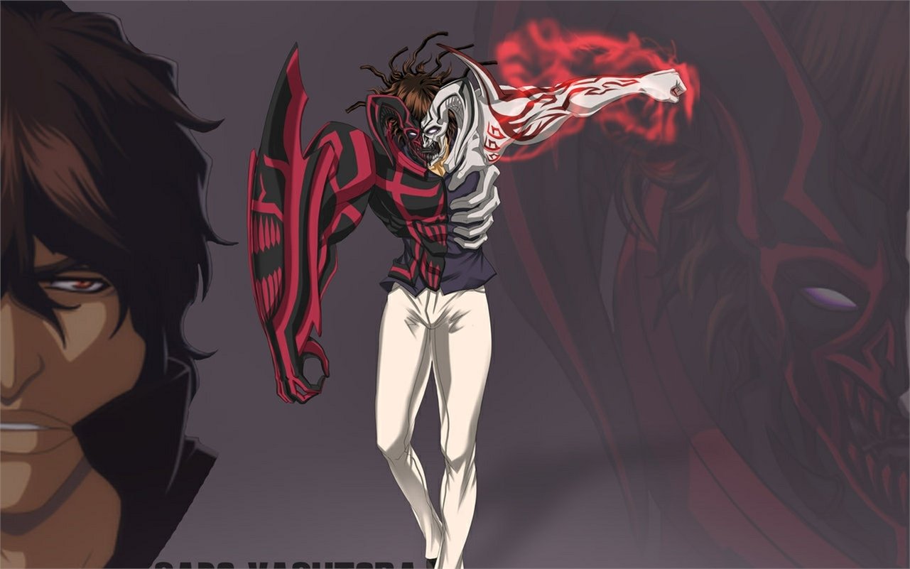 Yasutora Sado (Bleach anime) in a hollow-like transformed form: white skeletal mask, red energy and armored gauntlet, floating against a dark background.