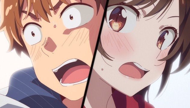 Split-frame anime close-up from Rent-A-Girlfriend: a wide-eyed, panicked young man beside a blushing, surprised young woman.