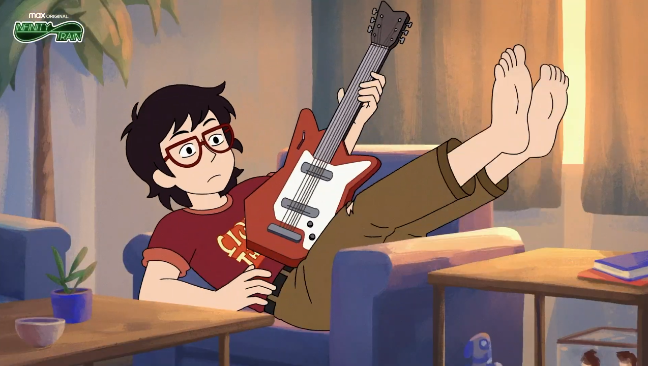 brown hair guitar glasses feet Ryan Akagi TV Show Infinity Train Image