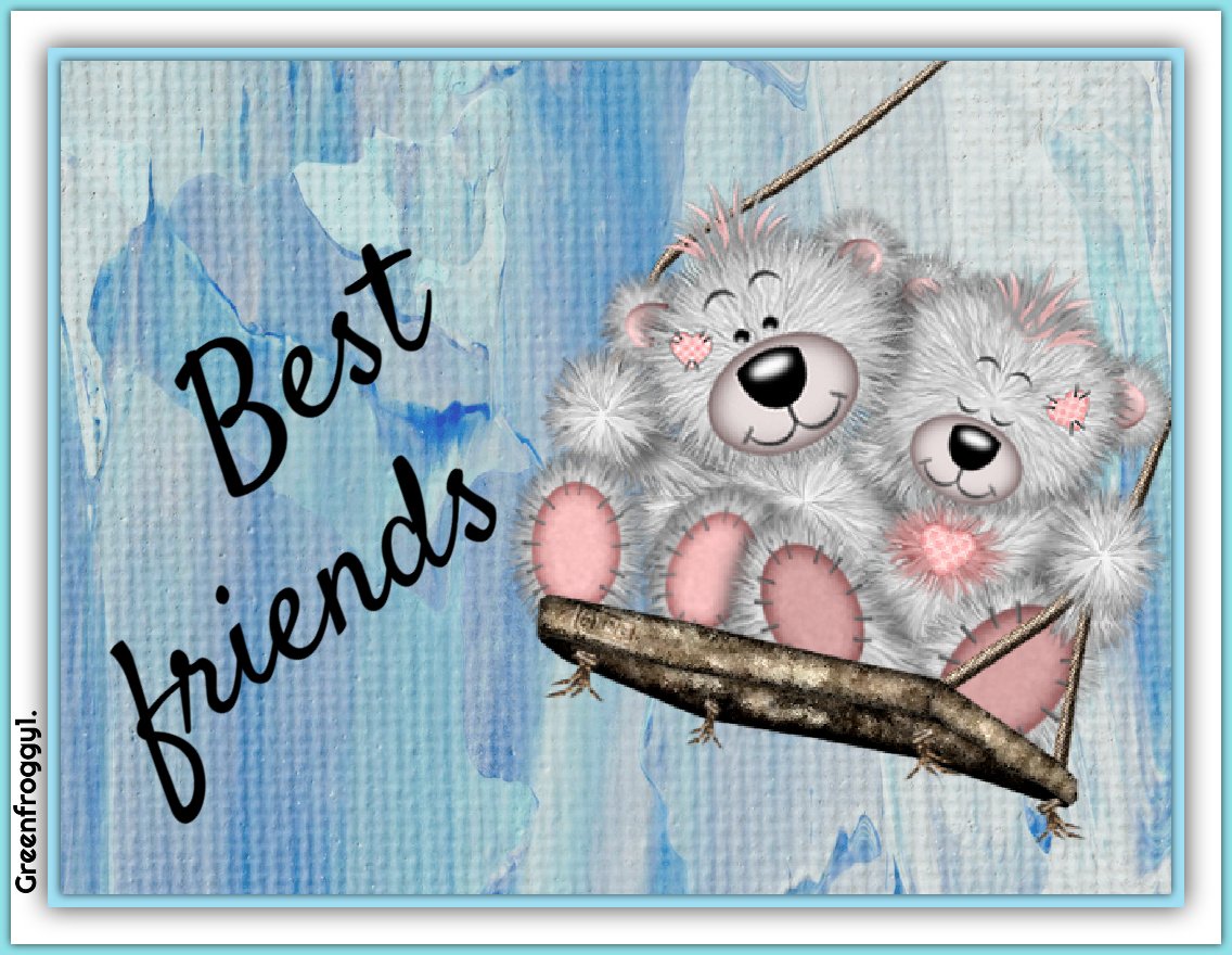 A card featuring two fluffy teddy bears sitting on a swing with the handwritten comment Best friends on a blue textured background.