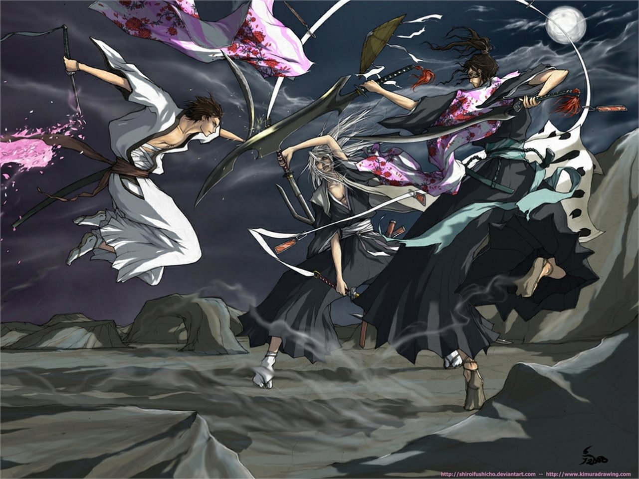 Jūshirō Ukitake Shunsui Kyōraku Byakuya Kuchiki Anime Bleach Image
