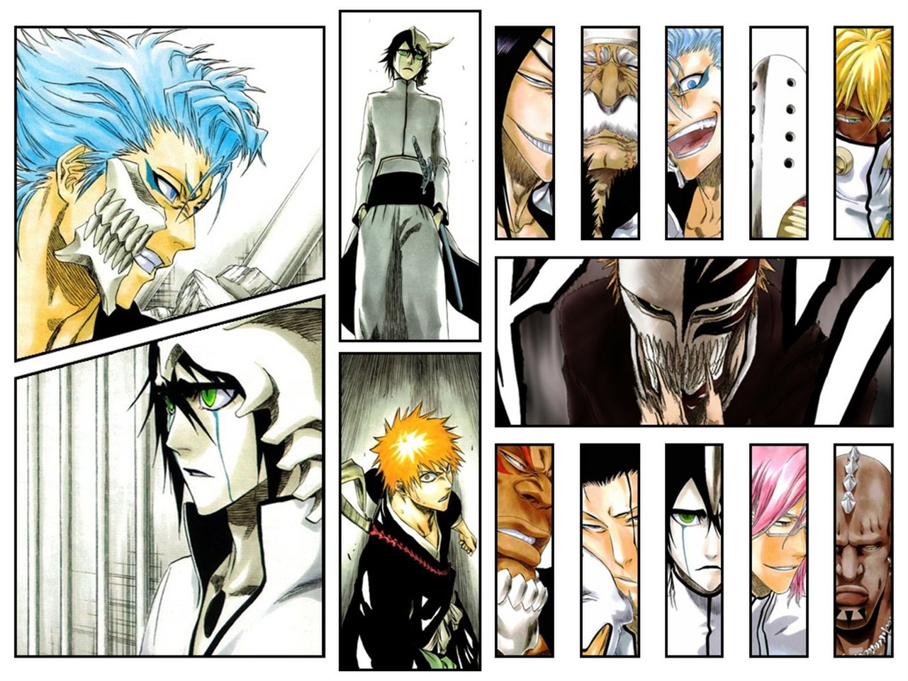 Collage of Bleach characters including Ichigo Kurosaki, Nnoitra Gilga, Zommari Rureaux, Szayelaporro Granz, Aaroniero Arruruerie, Coyote Starrk, Yammy Llargo, Grimmjow Jaegerjaquez, Baraggan Louisenbairn, Ulquiorra Cifer, and Tier Halibel.